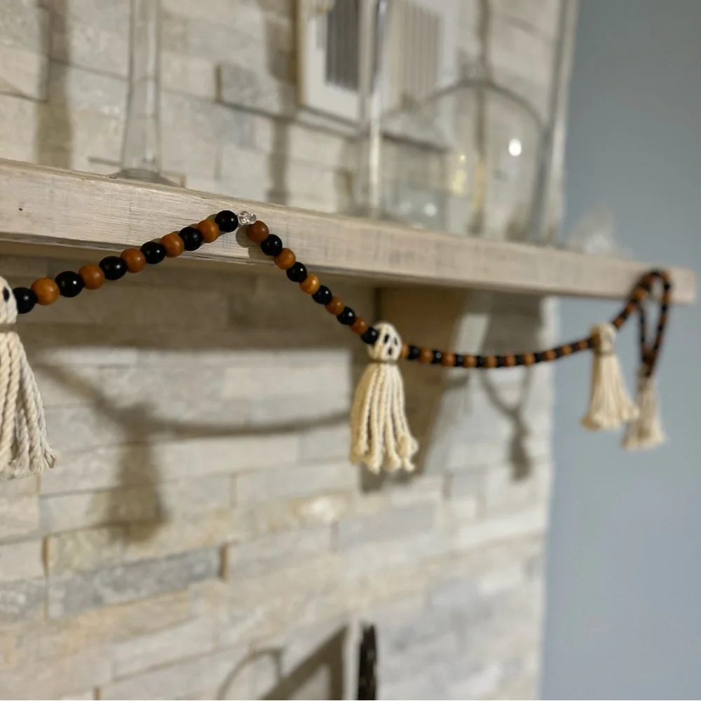 Wooden Halloween Garland 7Ft Ghosts Beaded Handmade Cottage Rustic Farmhouse